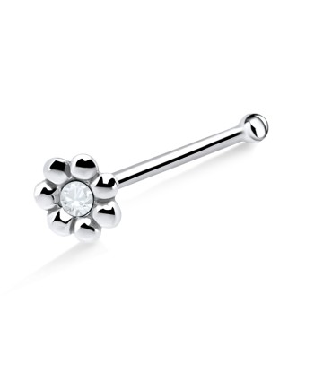 Stone Studded Flower Silver Bone Nose Stud NSKD-1012